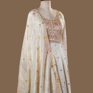 Off-White Festive Ensemble with Embroidered Yoke.