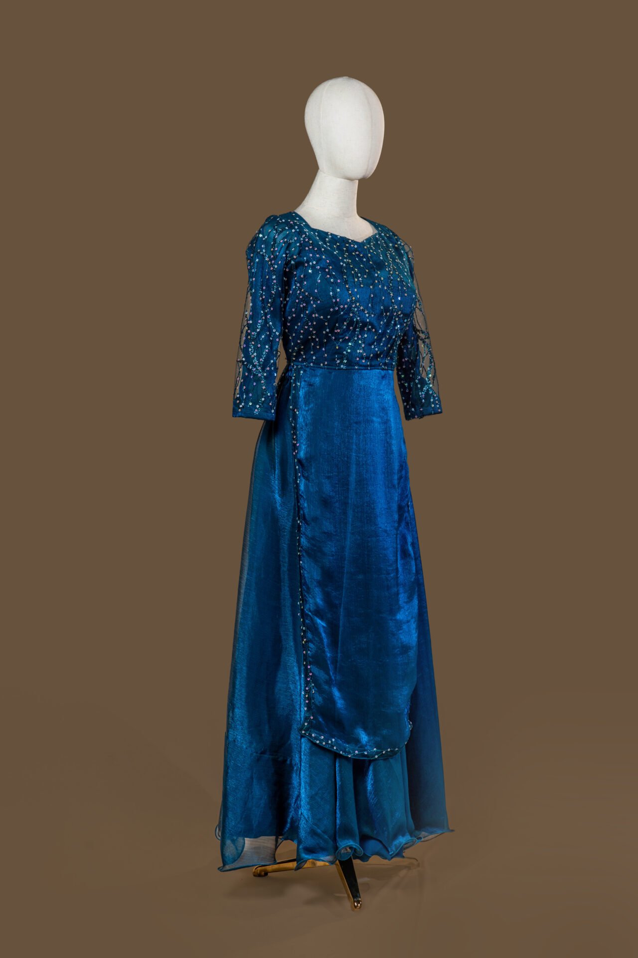 Shimmering Teal Blue Gown with Sequined Bodice