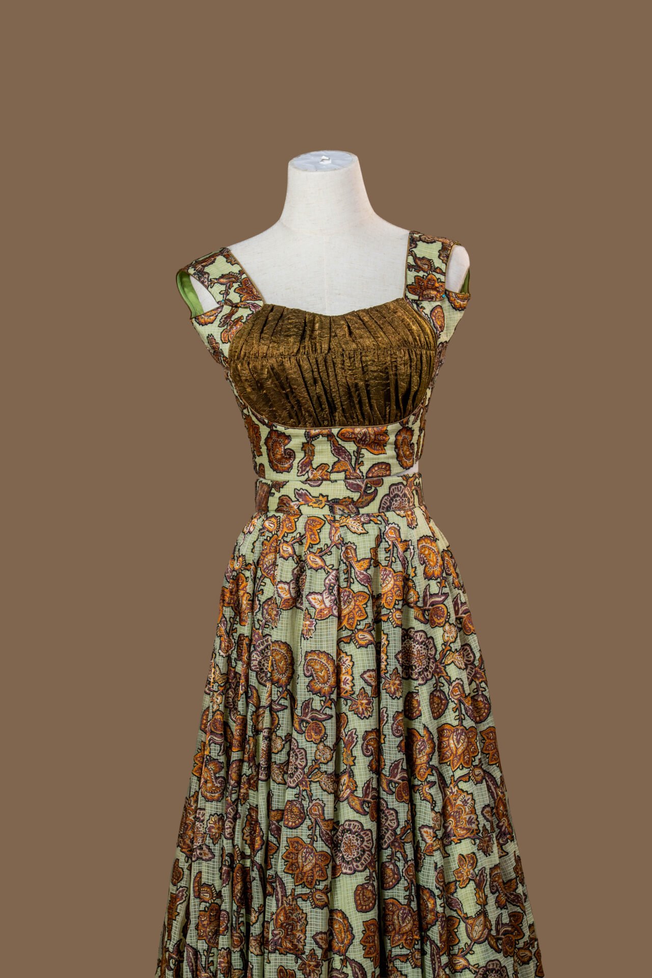 Crushed Bronze Bodice and Floral Print Flare Dress. - Image 4