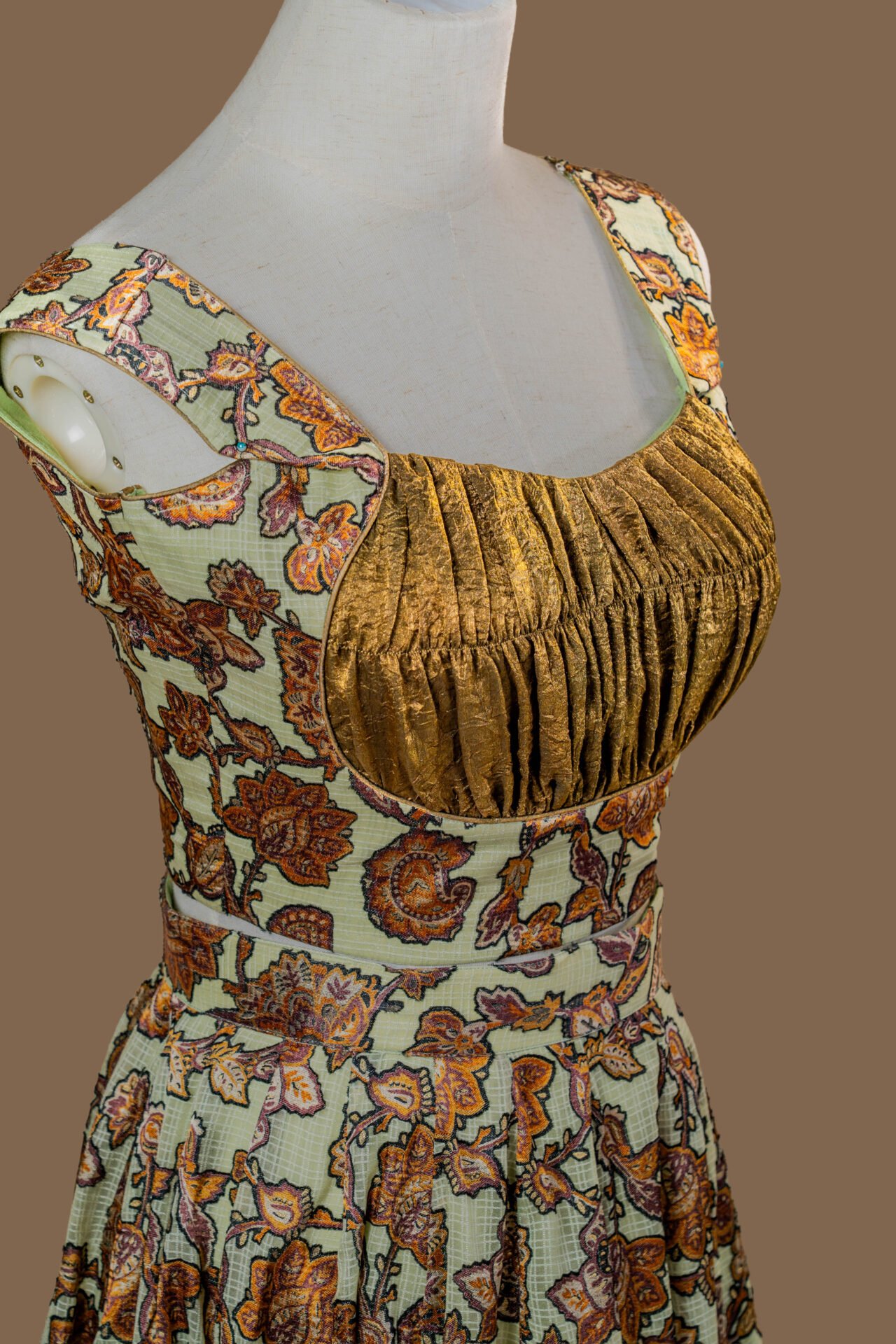 Crushed Bronze Bodice and Floral Print Flare Dress.