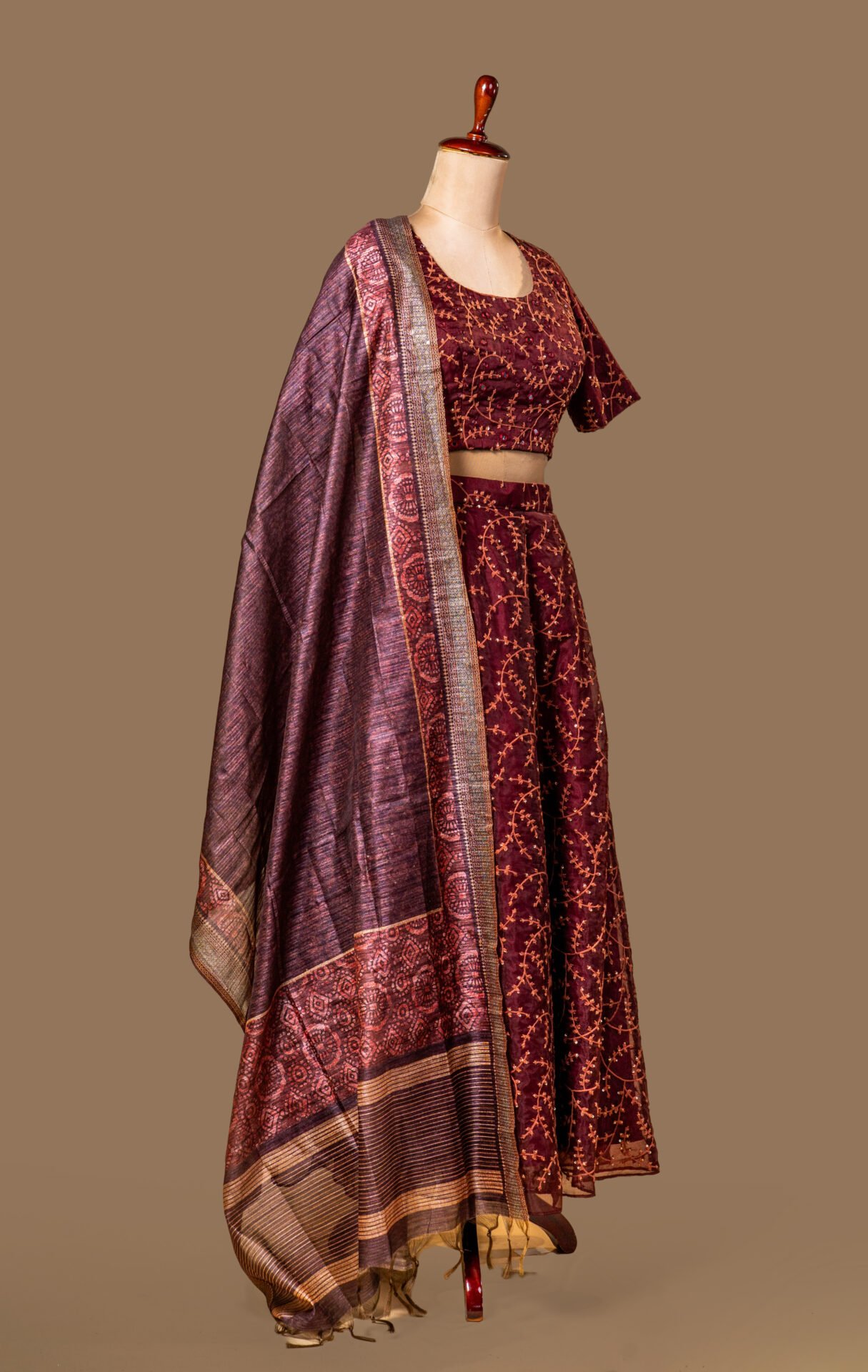 Maroon Embroidered Crop Top and Skirt Set
