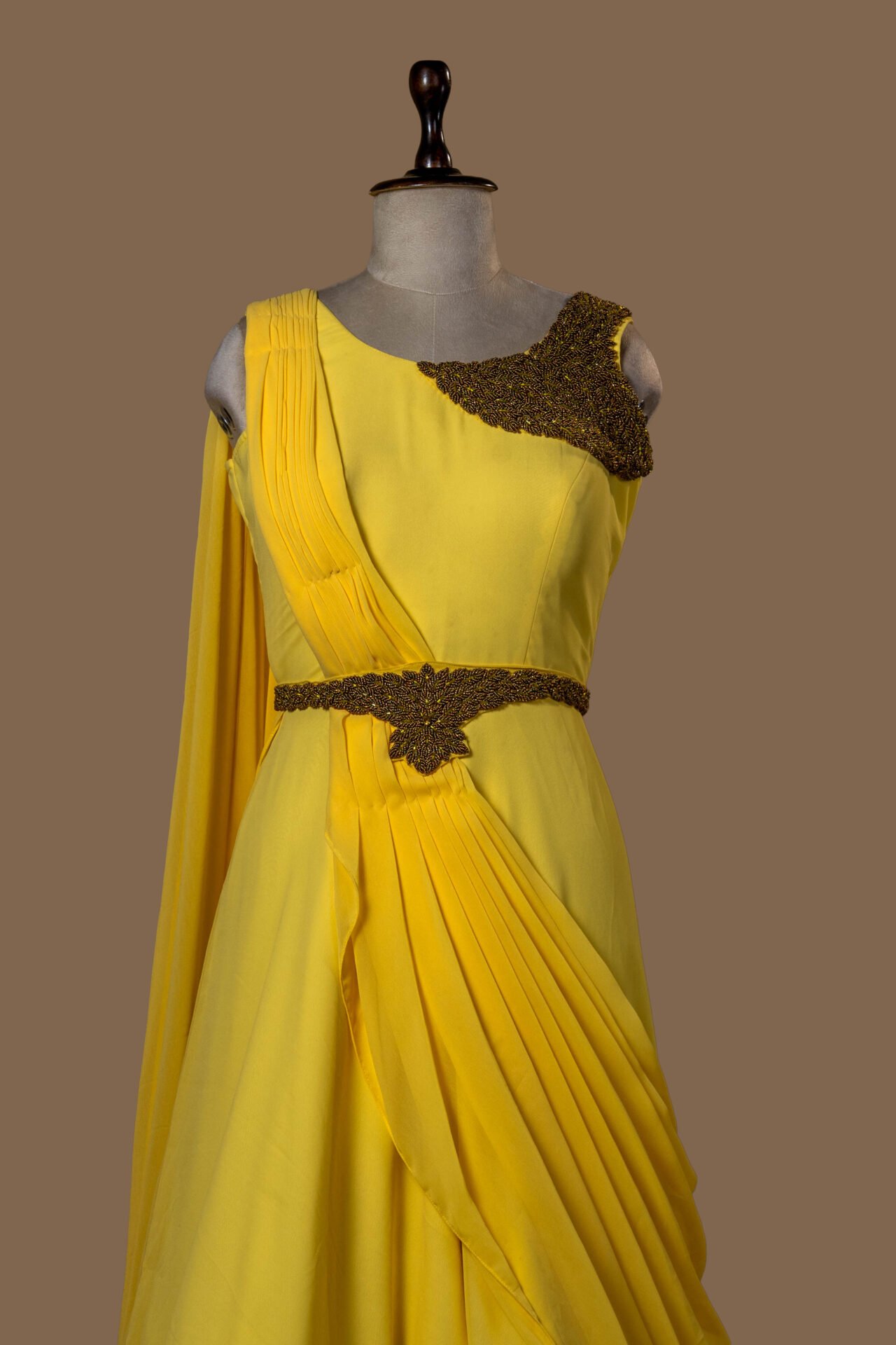 Sun Yellow Pleated Dress with Beaded Brooch Belt