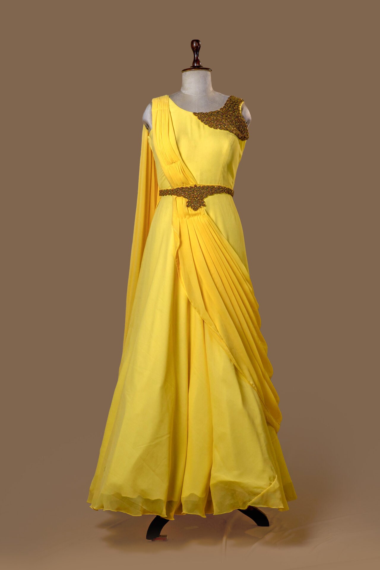 Sun Yellow Pleated Dress with Beaded Brooch Belt - Image 2
