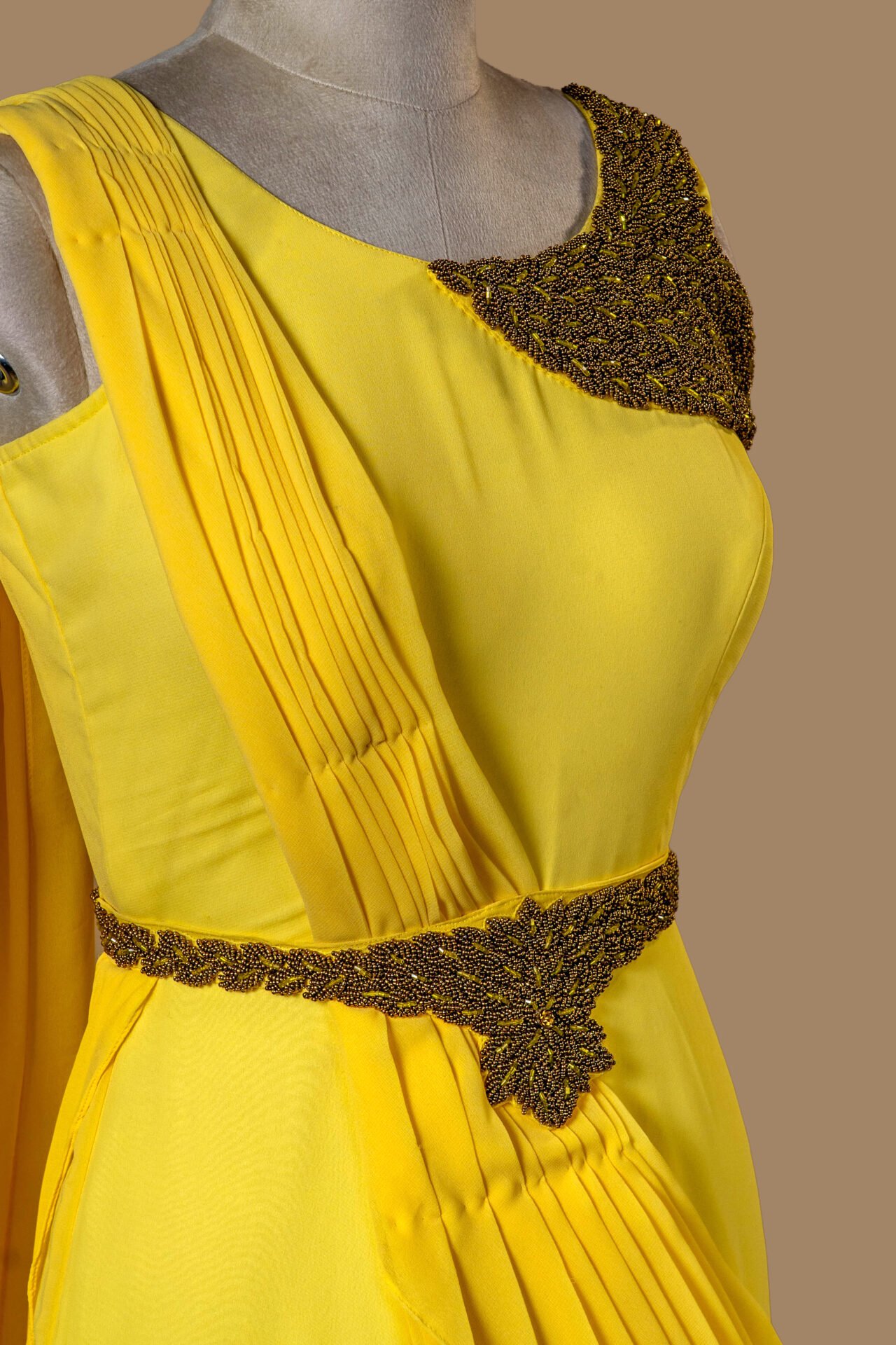 Sun Yellow Pleated Dress with Beaded Brooch Belt - Image 4