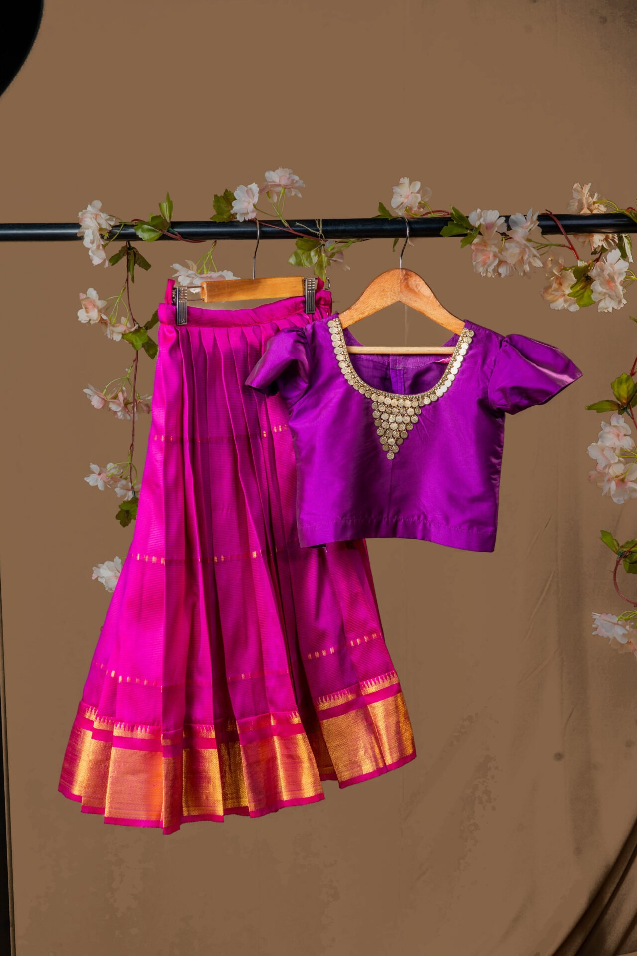 Regal Magenta Silk Lehenga Set for Girls with Gold Coin Neckline Blouse - Image 3