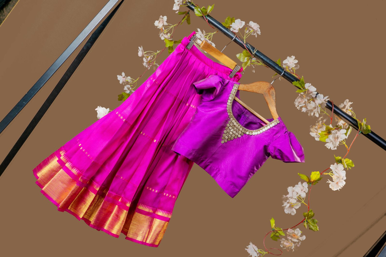 Regal Magenta Silk Lehenga Set for Girls with Gold Coin Neckline Blouse - Image 2