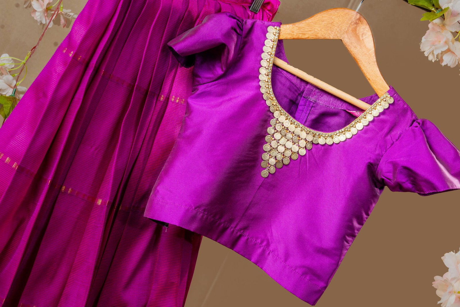 Regal Magenta Silk Lehenga Set for Girls with Gold Coin Neckline Blouse
