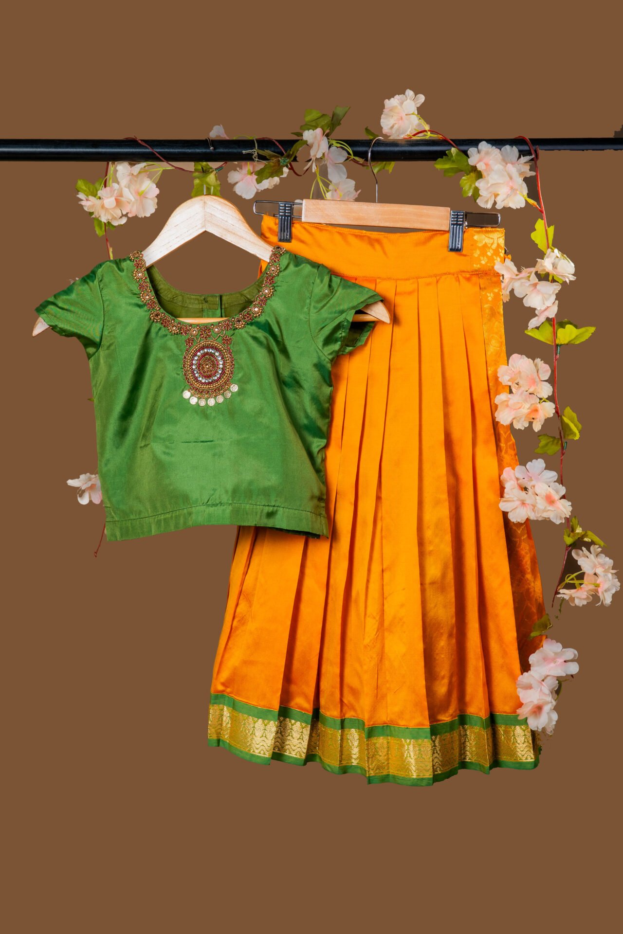 Traditional Green Silk Blouse with Coin and Bead Embellishment, Paired with Golden Yellow Pleated Skirt - Image 2