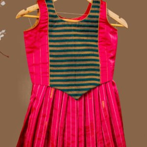 Traditional Magenta Silk Dress with Green and Gold Zari Striped Yoke