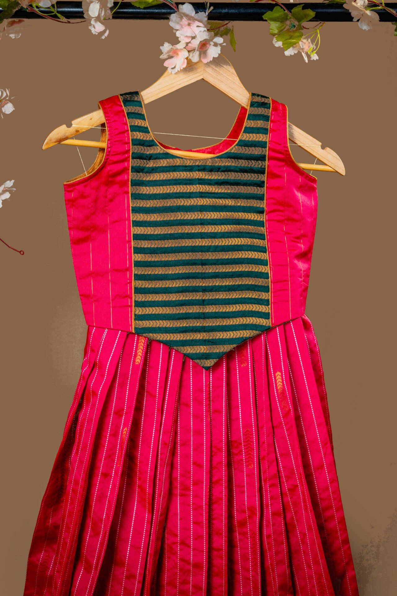 Traditional Magenta Silk Dress with Green and Gold Zari Striped Yoke