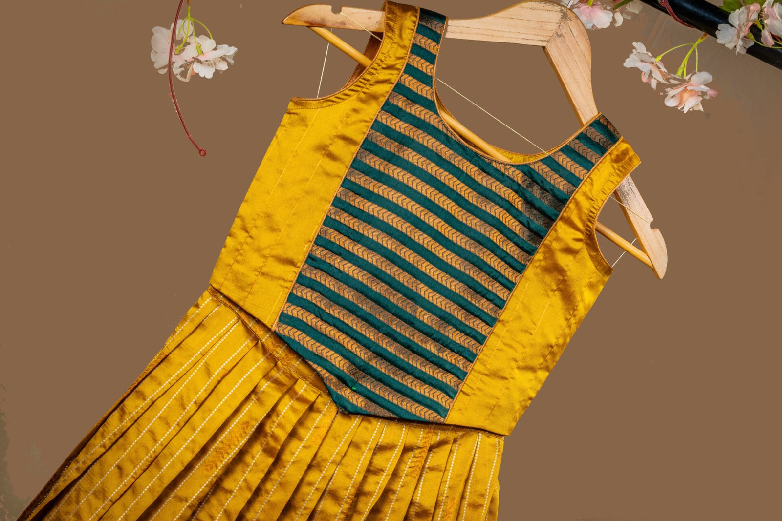 Traditional Magenta Silk Dress with Green and Gold Zari Striped Yoke - Image 2