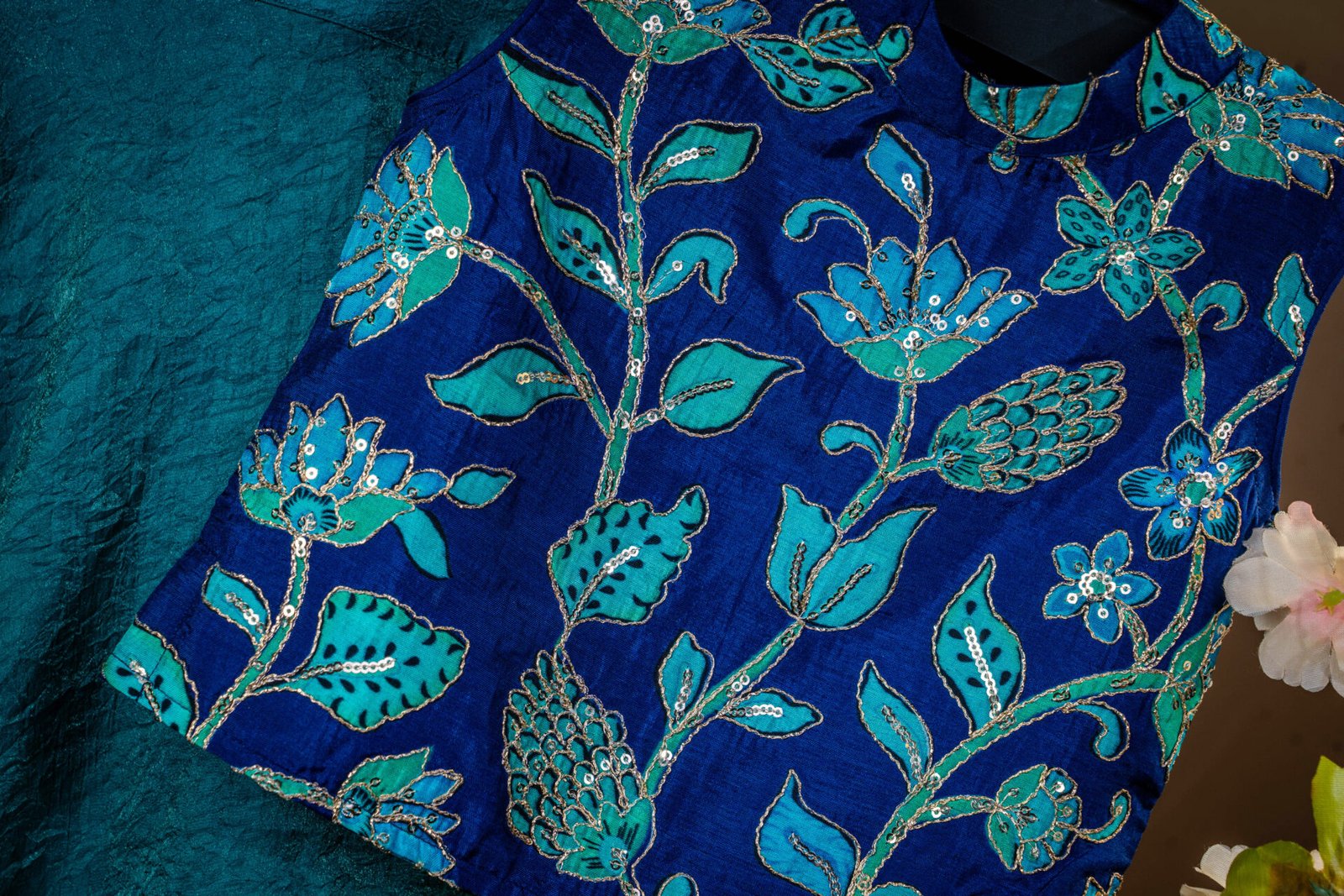 Royal Blue Sleeveless Blouse with Multi-Tone Sequin and Thread Floral Embroidery - Image 3