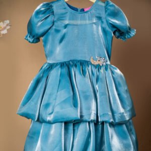 Shimmering Teal Blue Silk Dress with Puff Sleeves and Crystal Moon Brooch